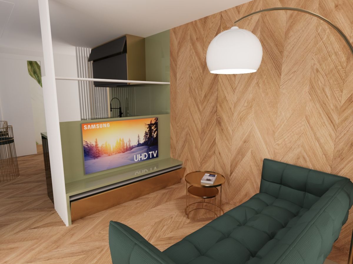 Tiny House, il soggiorno con parete in legno a spina